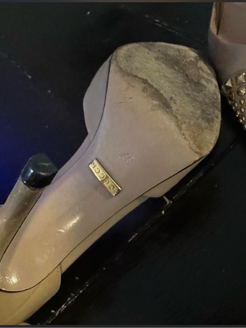 Gucci Nude Pointed T-Strap Heels with Gold Studs - Picture 5 of 5
